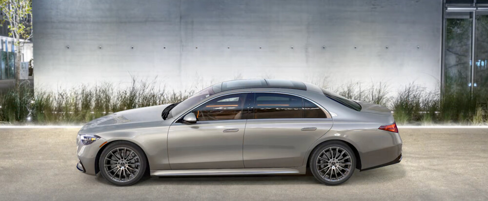 2026 gray Mercedes-Benz S-Class in front of concrete building