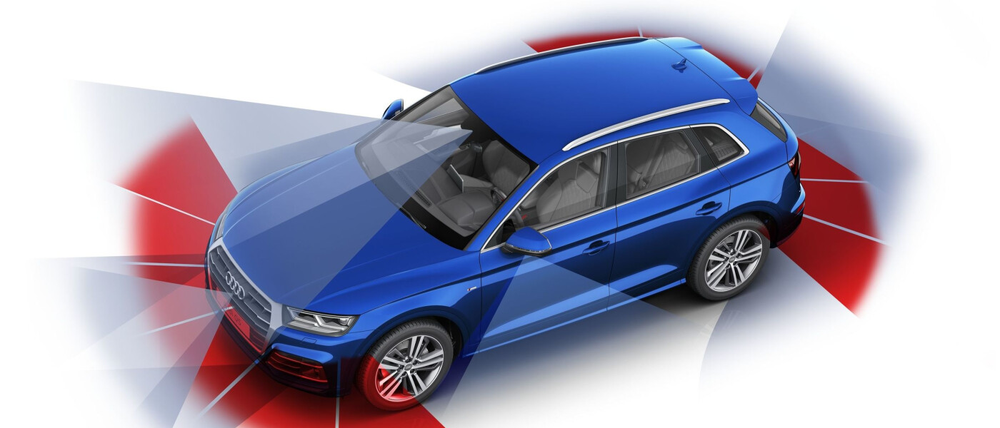 Audi Driver Assistance Systems Audi vehicle surrounded by sirens and drive assistance alerts