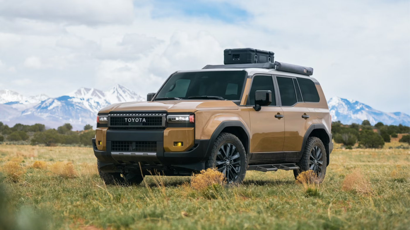 2025 Toyota Land Cruiser shown in Trail Dust with Grayscape Roof with Available 20-in. Alloy Wheels and Accessories 2025 Toyota Land Cruiser shown in Trail Dust with Grayscape Roof with Available 20-in. Alloy Wheels and Accessories