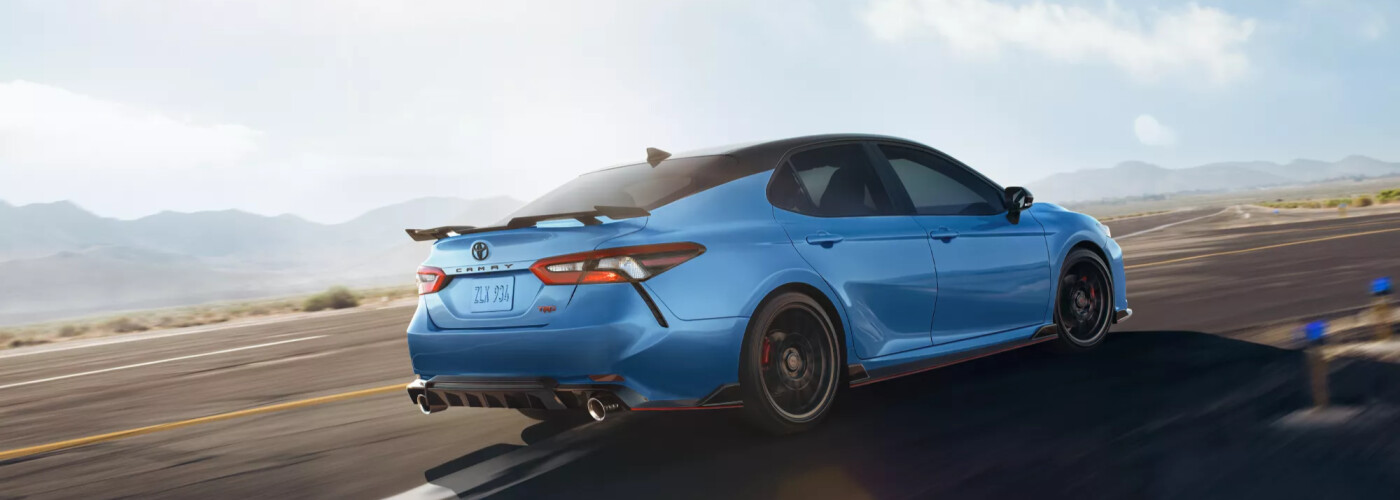 Blue Camry TRD with Spoiler on Road