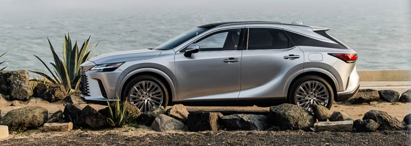 A silver RX350h is parked near the ocean.