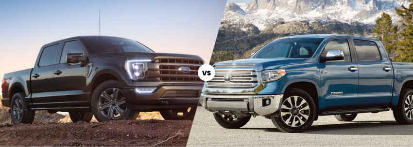 2021 Ford F-150 vs 2021 Toyota Tundra Black F-150 facing Blue Toyota Tundra