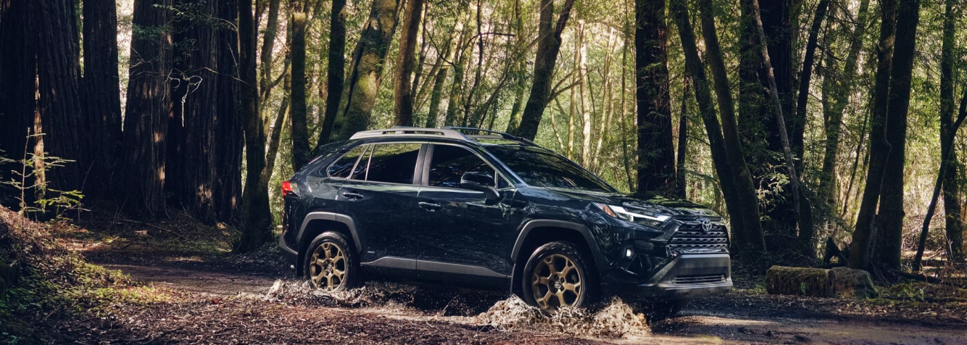 2026 Blue Toyota RAV4 driving through woods