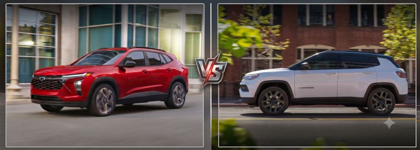 Red 2026 Chevy Trax vs White 2026 Jeep Compass
