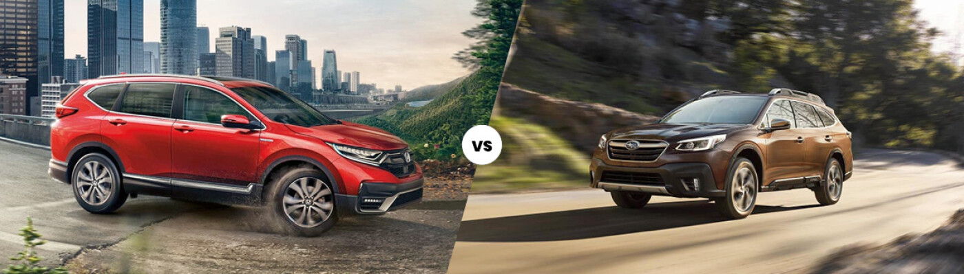 2021 Honda CR-V vs Subaru Outback Red 2021 Honda CR-V facing Brown 2021 Subaru Outback