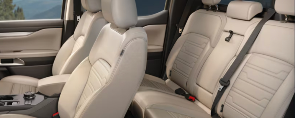 The seats in this truck are a light tan leather.